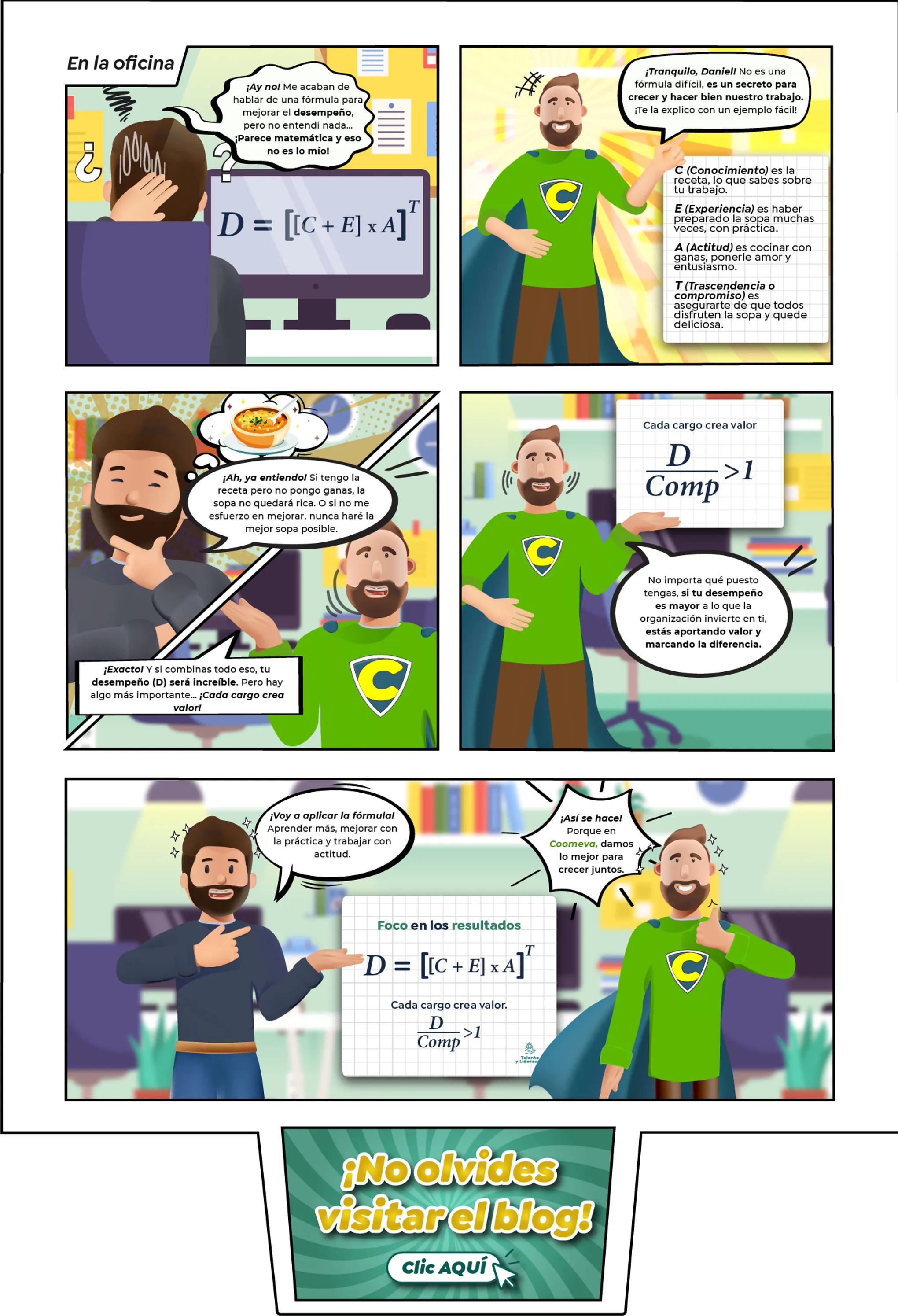 Ilustración corporativa tipo cómic del personaje Súper C utilizado para comunicación interna