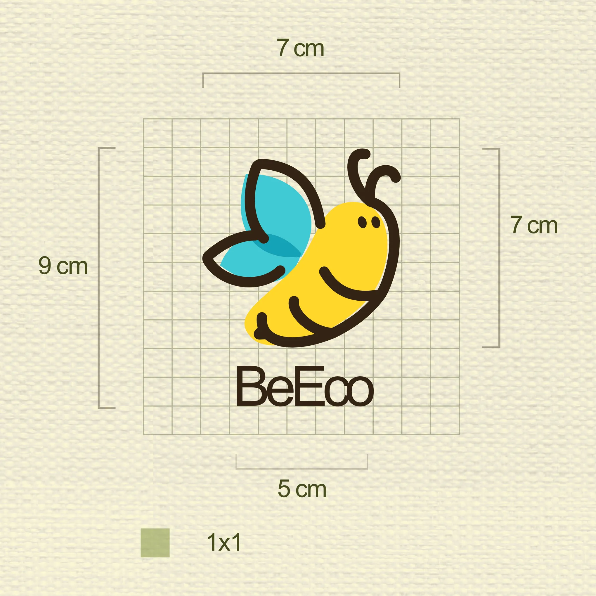 Grilla constructiva del logotipo de BeEco basado en una abeja geométrica